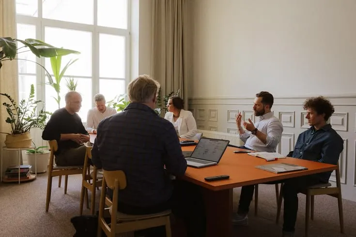 Een team in overleg aan een oranje vergadertafel